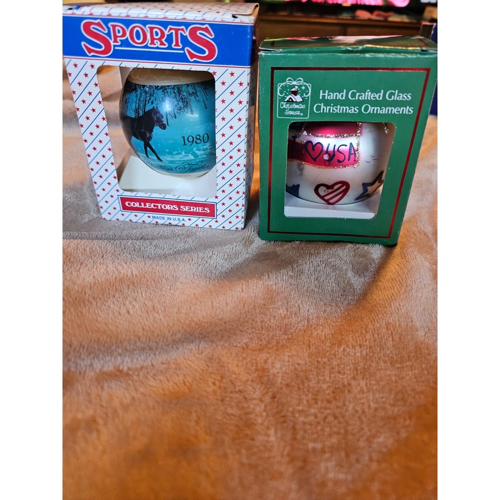 Vintage 1980 Topperscot Sleigh Ornament & Christmas House I Heart USA Glass Lot
